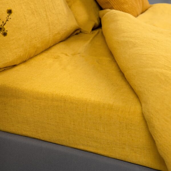 mustard yellow linen sheets, fitted & flat