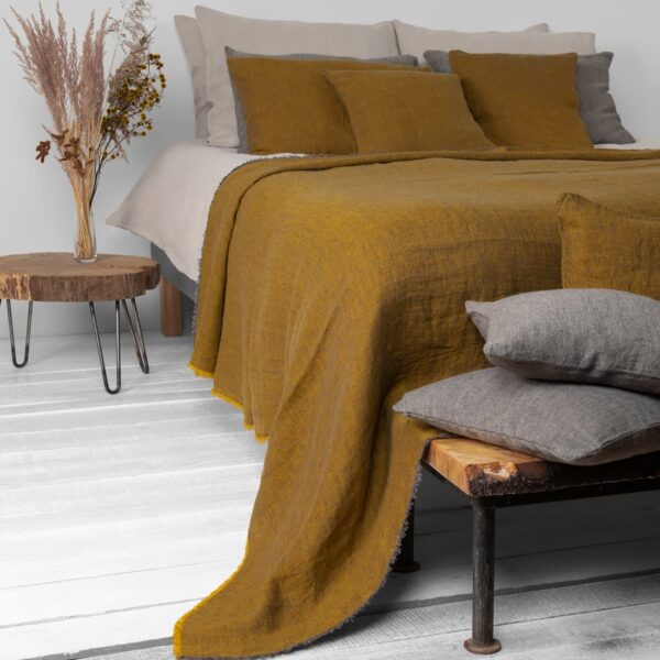 yellow diamond linen bedspread