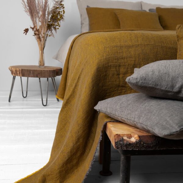 yellow diamond linen bedspread, washed
