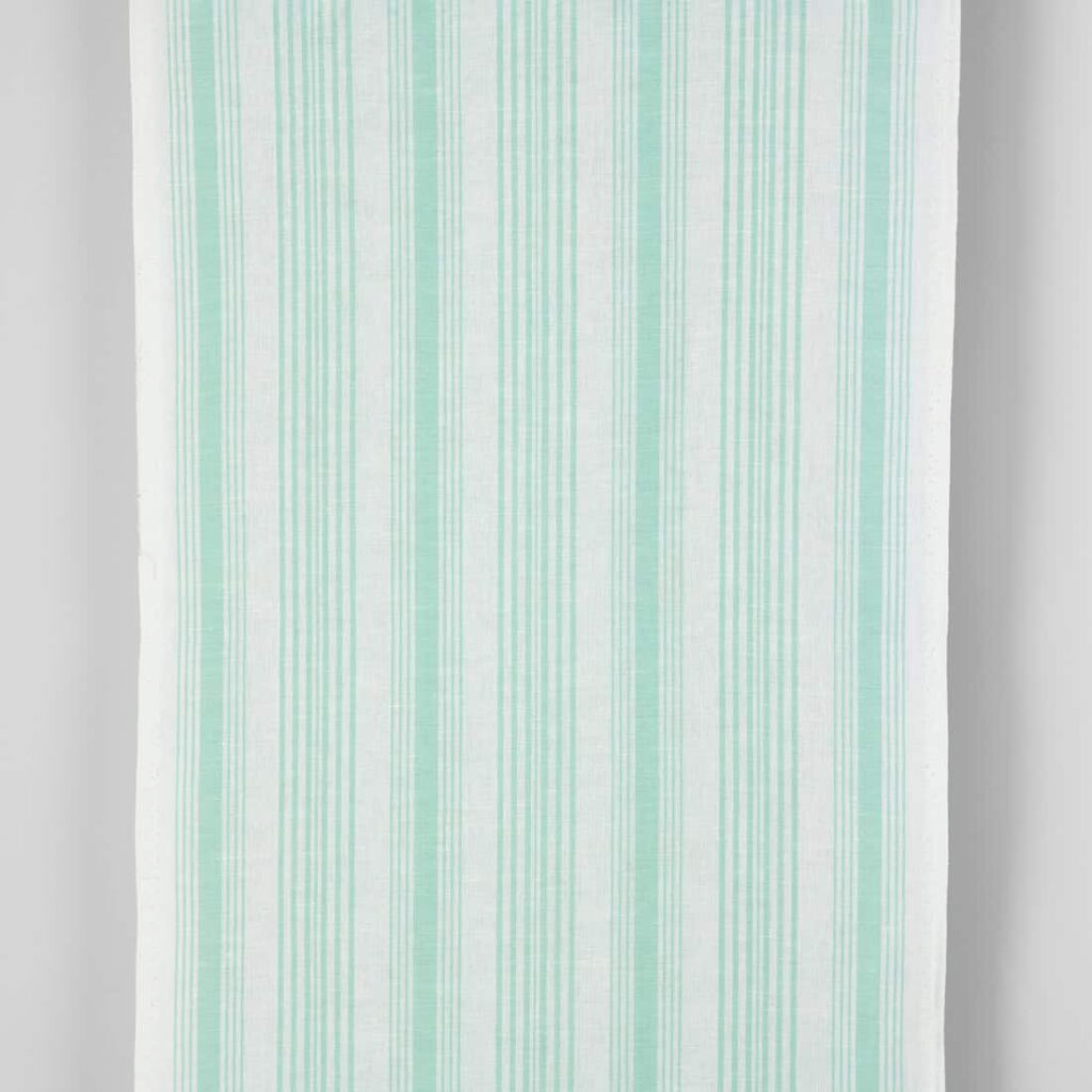 Narrow linen cotton fabric white with mint green stripes