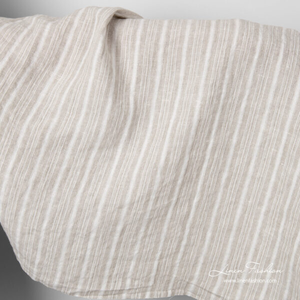Natural linen fabric with white and flax color stripes