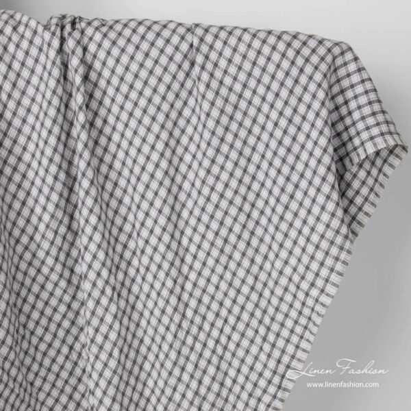 Pure linen dark grey check fabric, washed