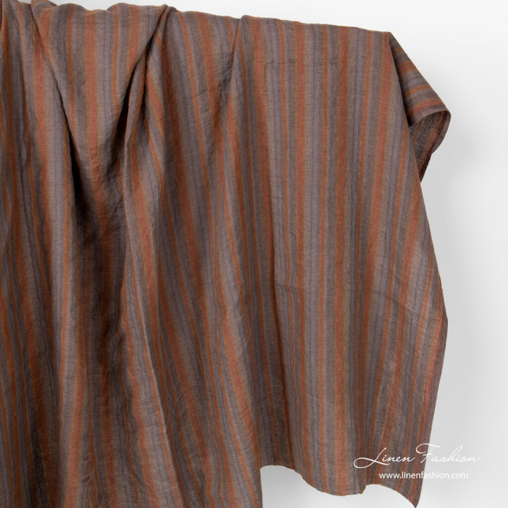 Washed linen fabric in brown grey color stripes