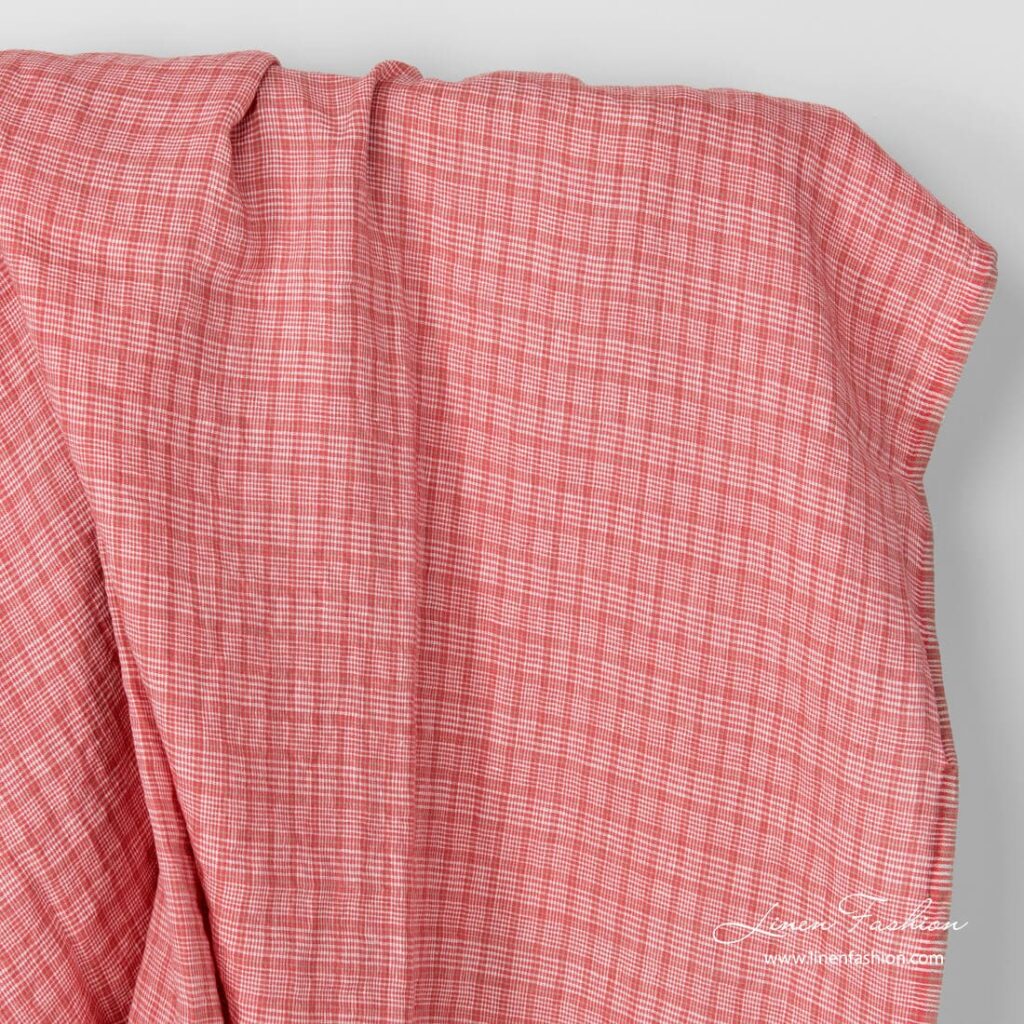 Washed linen fabric in rose squares and tiny white checks