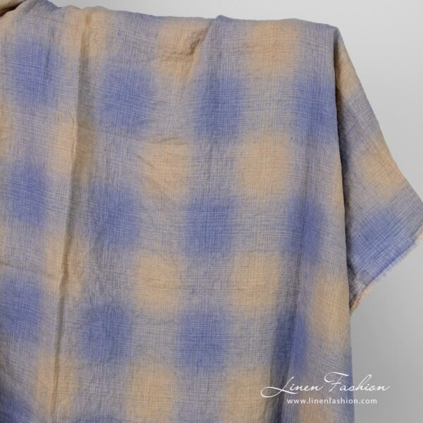 Checked linen fabric in blue and yellowish brown color