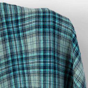 Leveä pesty pellavakangas harmaa-turkoosi ruudullinen