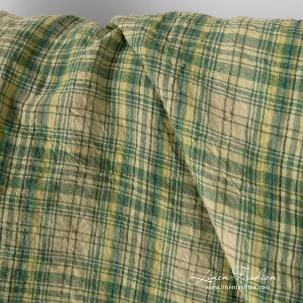 Washed green checked linen fabric