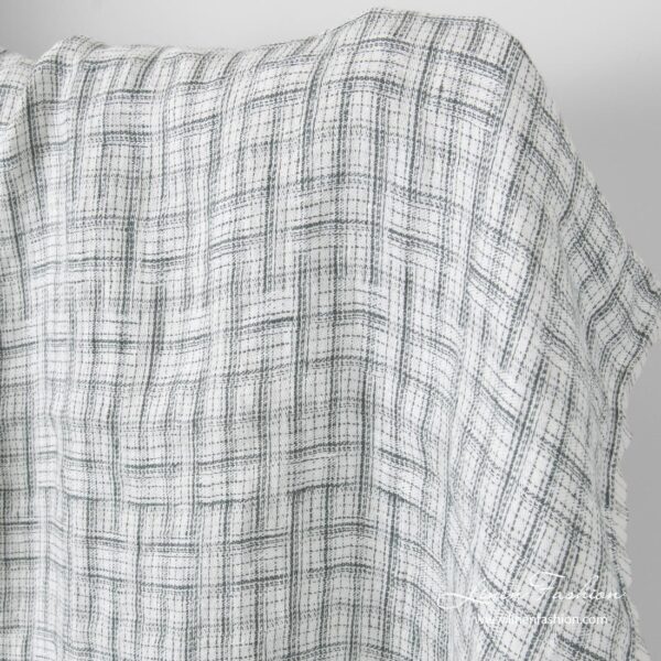 White linen fabric with crossing grey stripes, washed