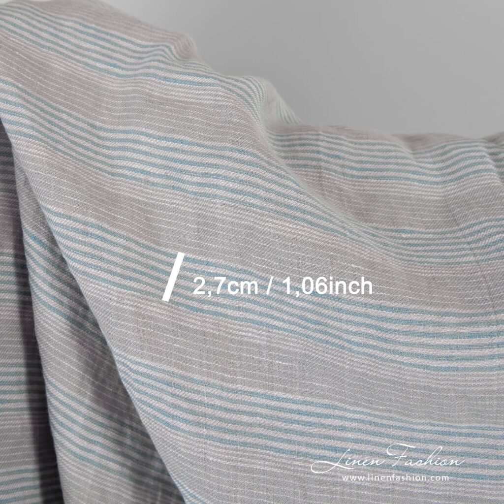 Vaalean harmaansininen pellavakangas raidoilla, pesty 4 Grey blue linen fabric in stripes, perfect for clothes and home textile