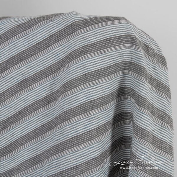 Brown blue linen fabric in stripes, washed