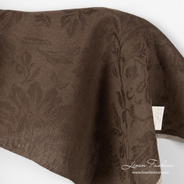 Brown jacquard linen fabric, floral pattern