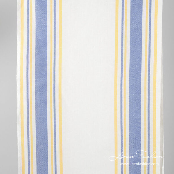 Narrow linen fabric, white with blue and yellow stripes