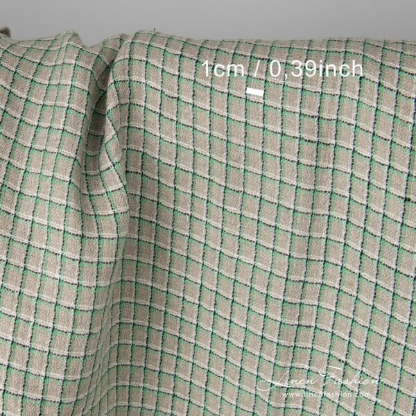 Grey natural flax colour 100% linen fabric with narrow, light green, black and white stripes, which create 1cm x 1,5cm (0.4" x 0.6") checks