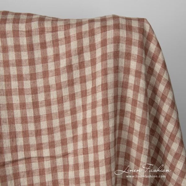 Washed linen fabric brown and natural checks product photo