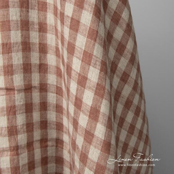 Washed linen fabric brown and natural checks pure linen