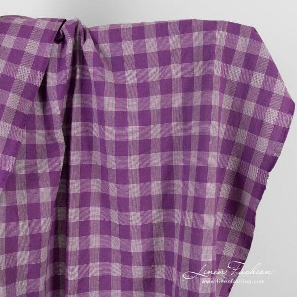 Violet linen cotton fabric in checks