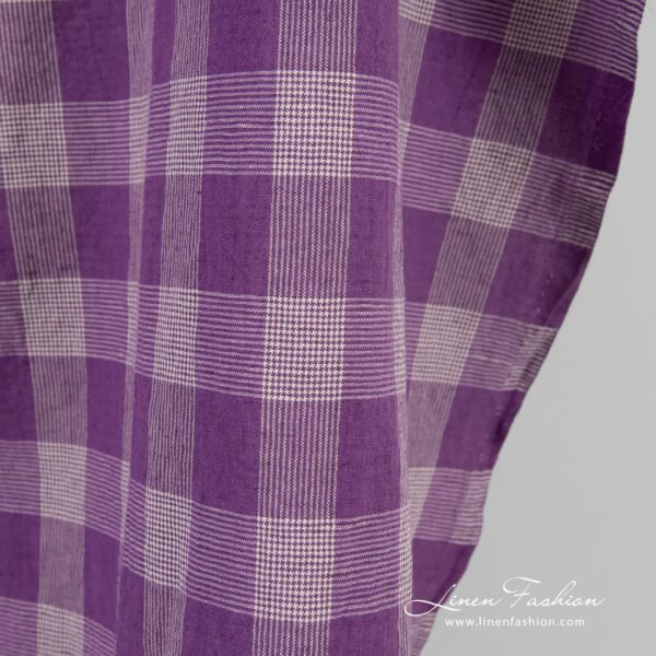Violet linen cotton fabric in checks, specially washed to increase softness