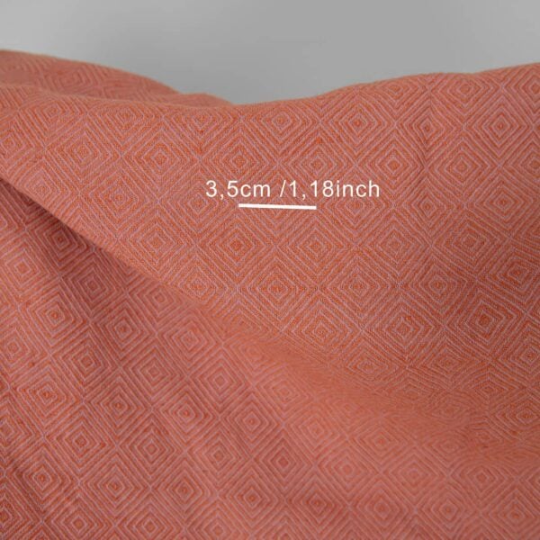 Washed linen cotton fabric in orange lilac diamond pattern, softened