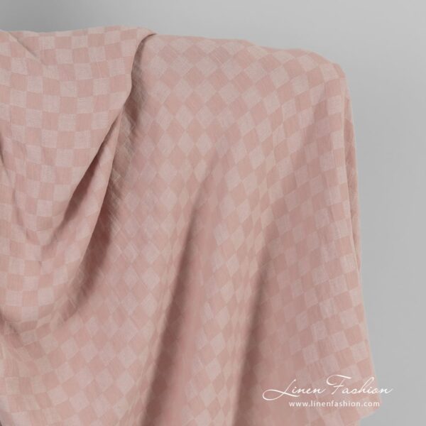 Pink linen cotton fabric in checks