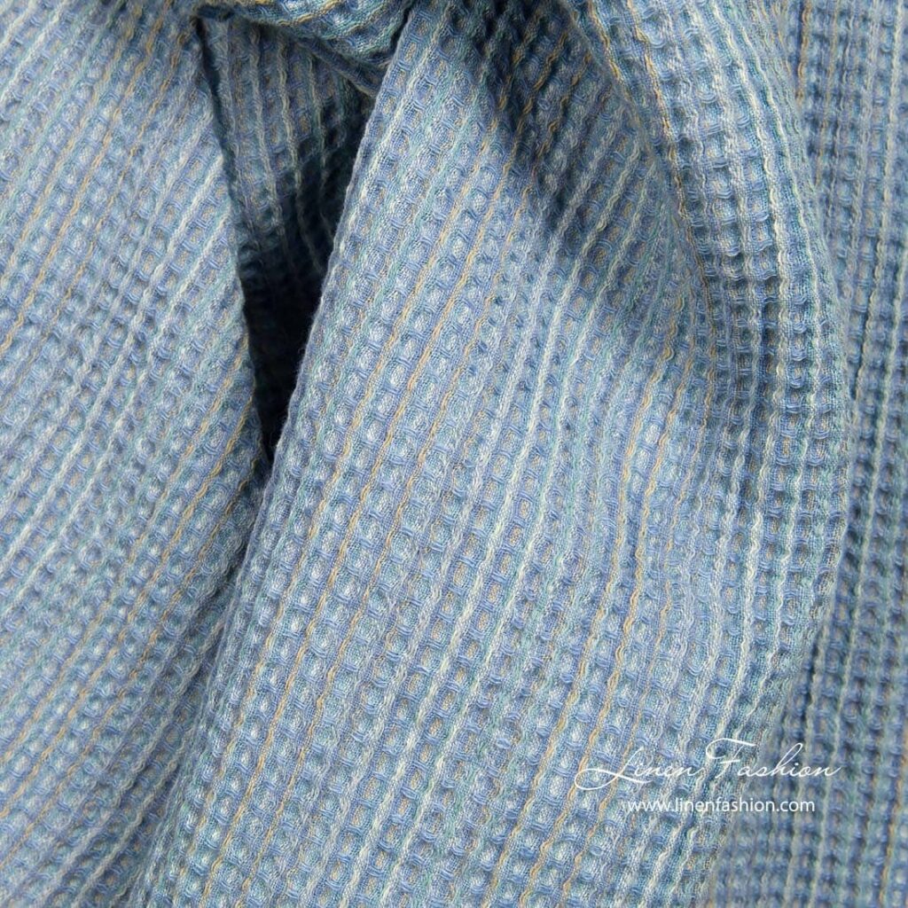 Pesty sininen pellavapuuvillainen vohvelikangas 3 Blue waffle linen blend fabric for bath and sauna items