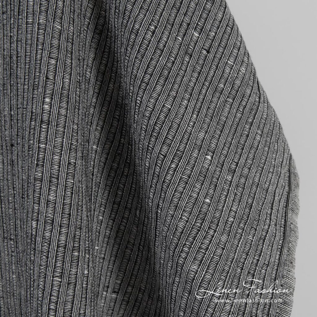 Musta raidallinen pesty pellavapuuvillakangas 4 Black linen cotton fabric in stripes, perfect for clothes and home textile