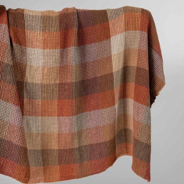 Washed linen cotton fabric brown colour checks waffle