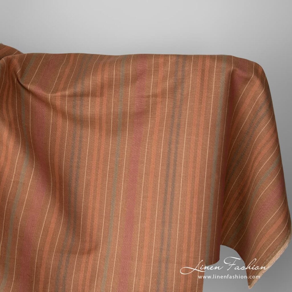 Brown linen cotton fabric with stripes