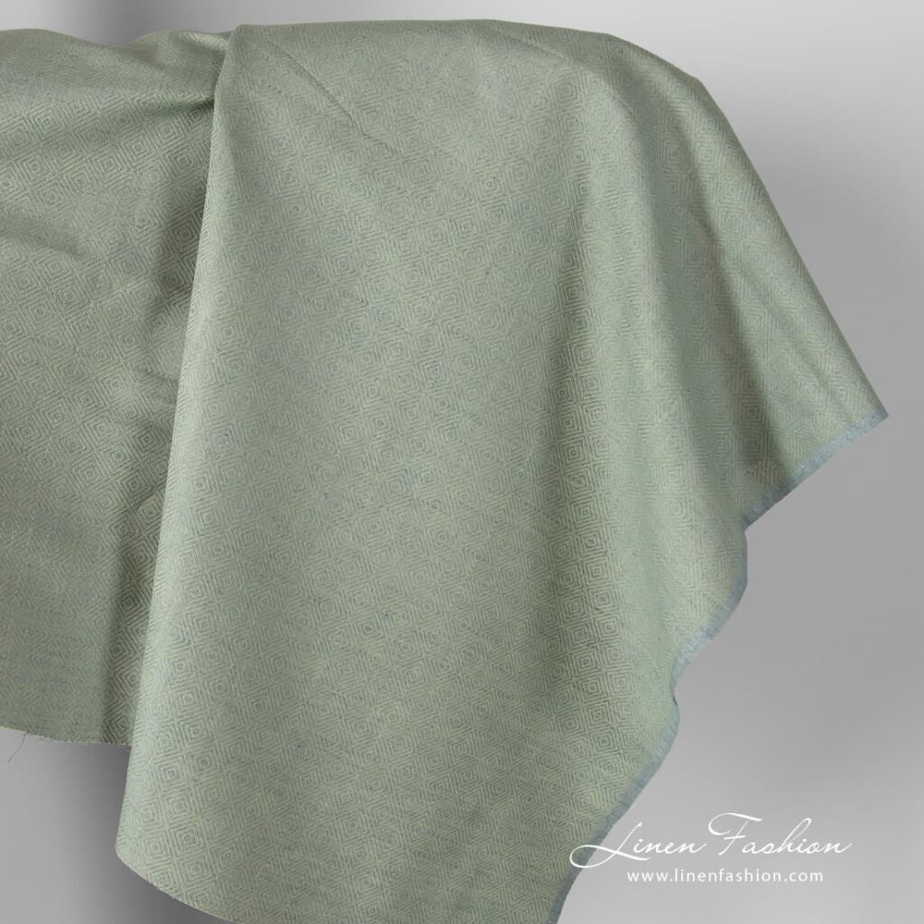 Linen cotton fabric grey green diamond weave