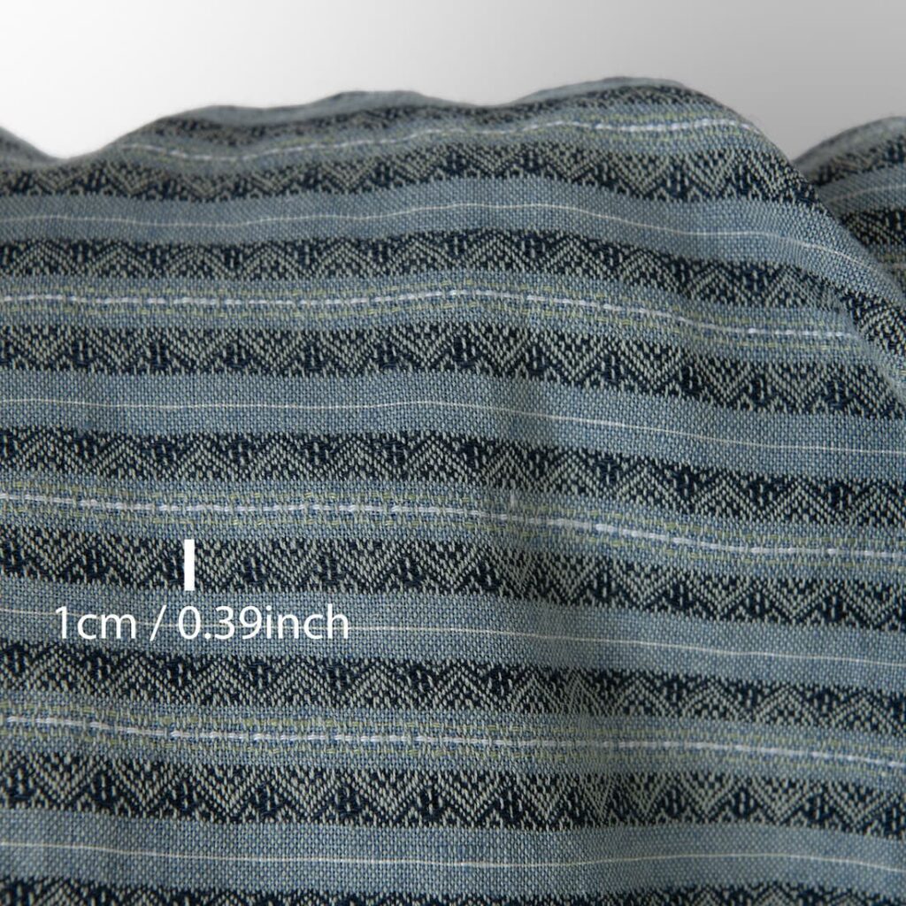 Pellava-puuvillakangas sininen ja vihreä kuviolliset raidat pesty 3 Washed linen cotton fabric blue and green patterned stripes, with measurements