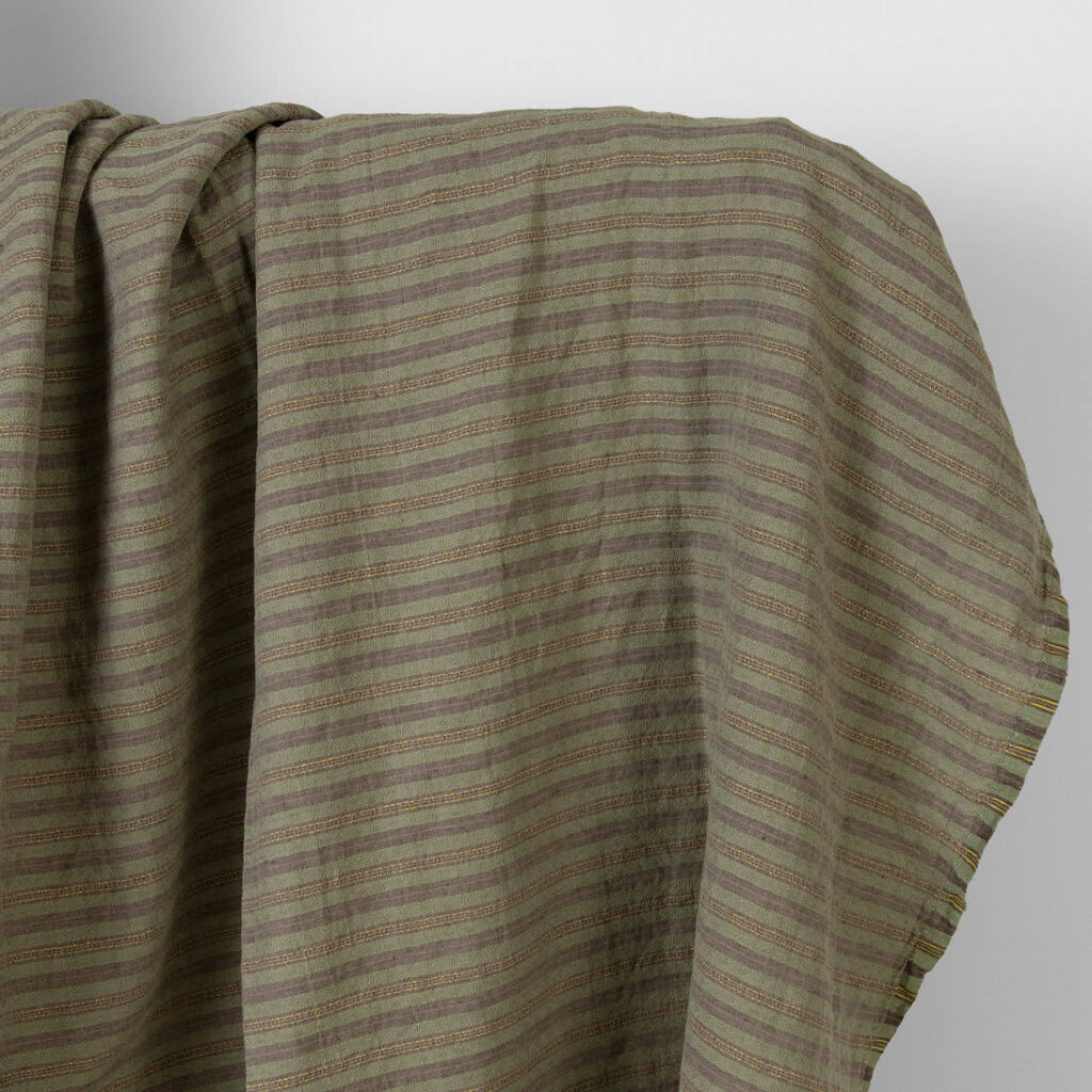 Pellava-puuvillakangas ruskeanvihreä kuviolliset raidat pesty 1 Washed linen cotton fabric brown green patterned stripes