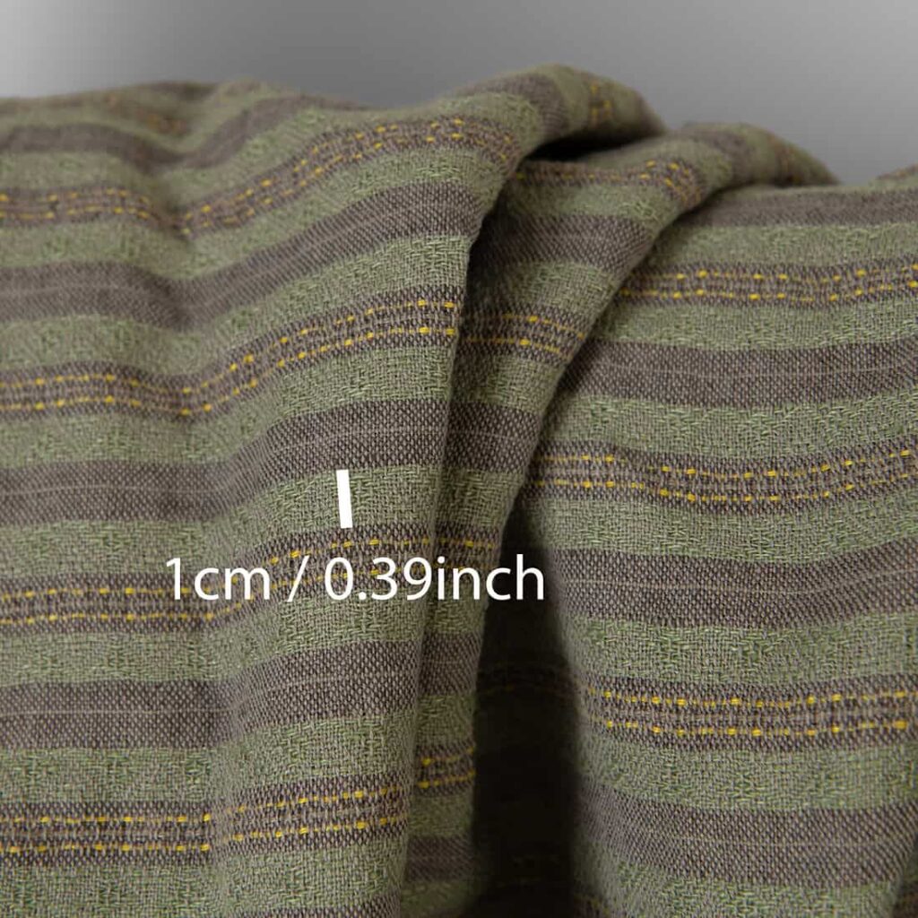 Pellava-puuvillakangas ruskeanvihreä kuviolliset raidat pesty 3 Washed linen cotton fabric brown green patterned stripes, with measurements
