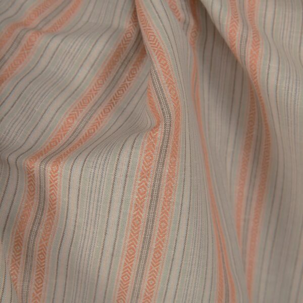 Linen cotton fabric greenish brown stripes close up detail