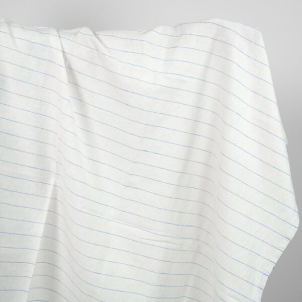 Washed linen cotton fabric white with sky blue stripes