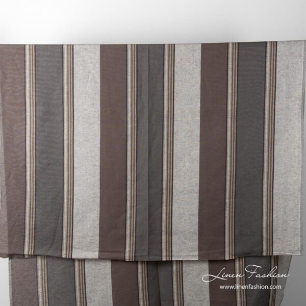 Full view of brown & grey striped linen cotton fabric