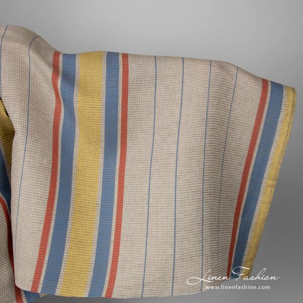 Linen cotton fabric sand waffle with yellow red stripes