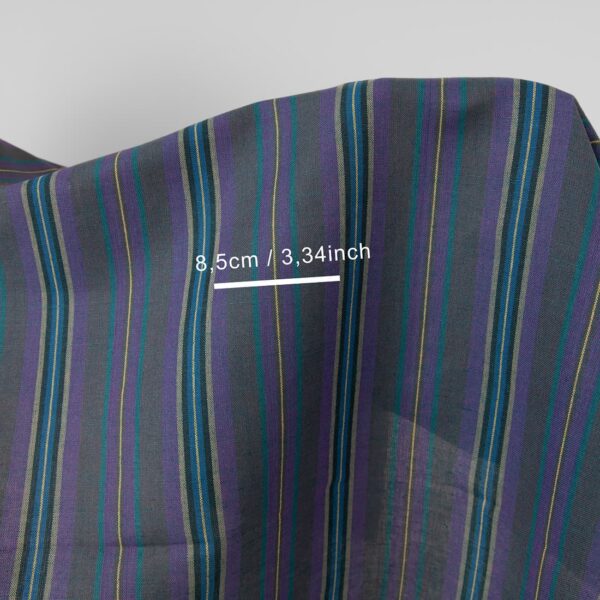 Linen cotton fabric in violet and blue stripes with measurements