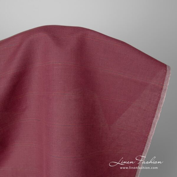 Dark red (cherry) linen cotton fabric embellished with horizontal narrow, light red and dark blue stripes