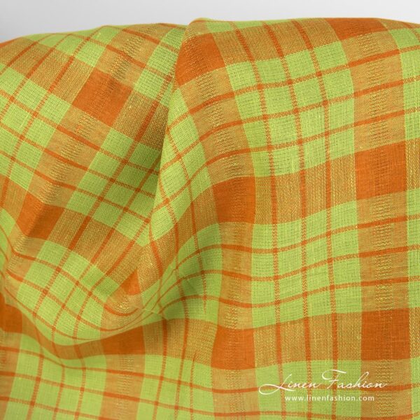 Checked linen fabric in green and orange.