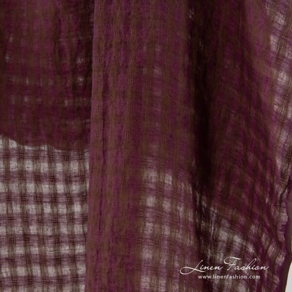 100% linen fabric in brown purple checks.