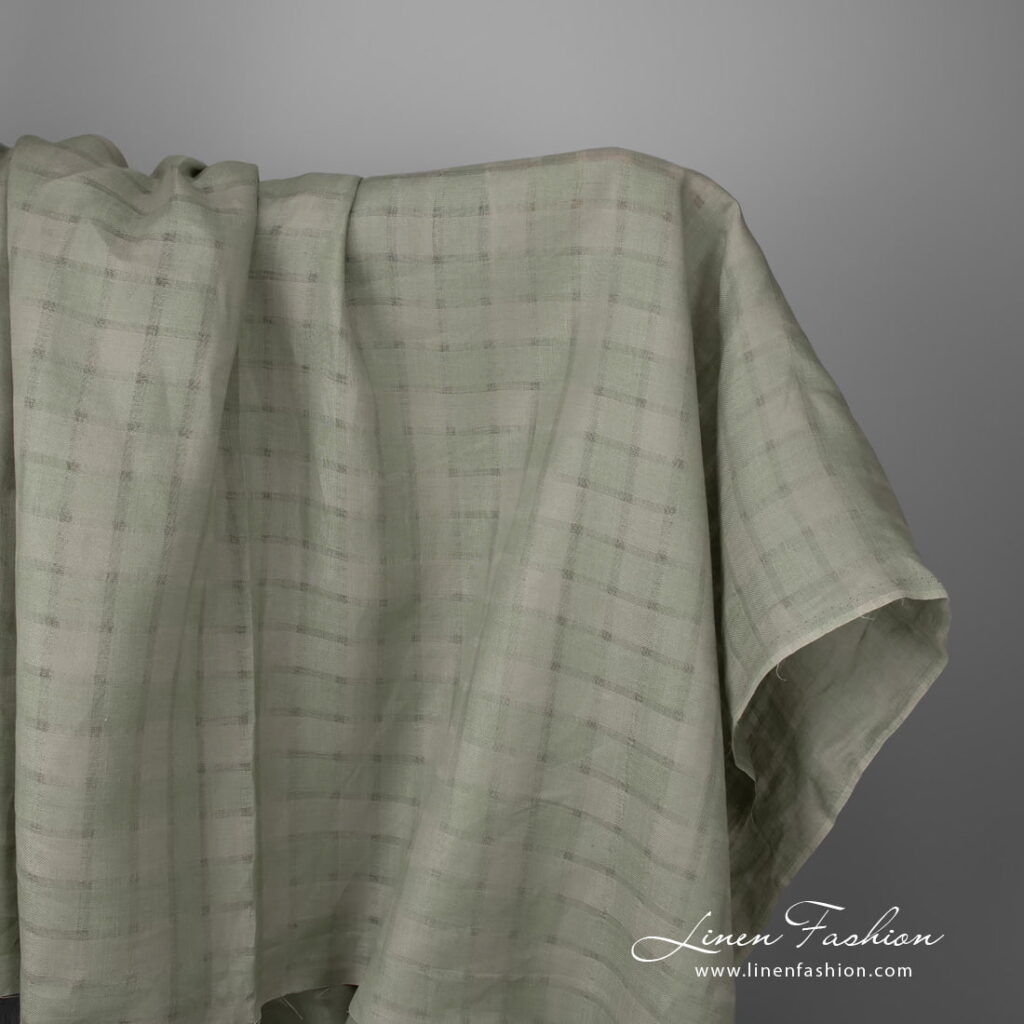 Linen fabric dusty green grey striped checks