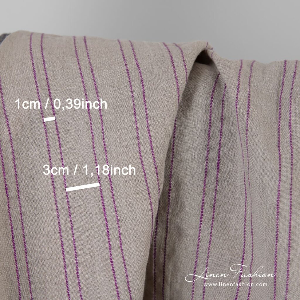 Luonnonvärinen pellavakangas violeteilla raidoilla, pesty 4 Natural color linen fabric in violet stripes, perfect for clothes and home textile