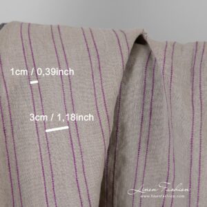 Luonnonvärinen pellavakangas violeteilla raidoilla, pesty 12 Natural color linen fabric in violet stripes, perfect for clothes and home textile