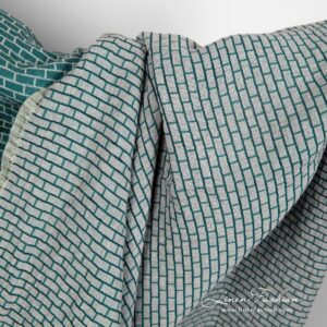 Pellavapuuvillakangas harmaalla ja vihreällä tiilikuviolla, pesty