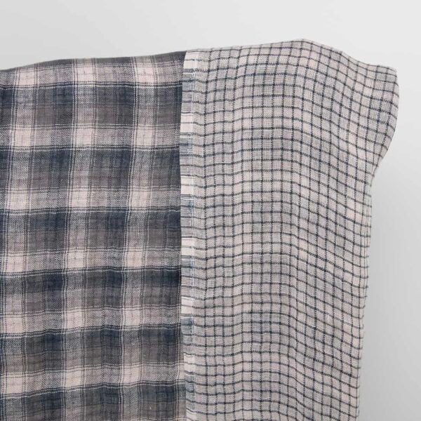 Washed checked grey linen fabric
