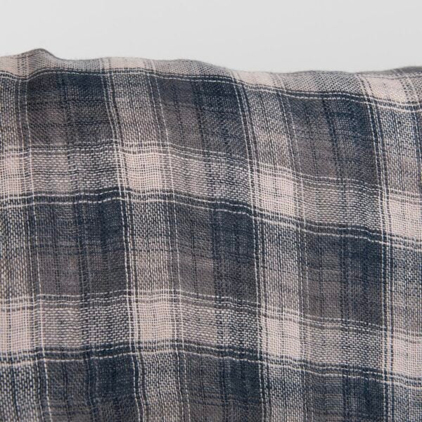 Washed checked grey linen fabric, 100% linen