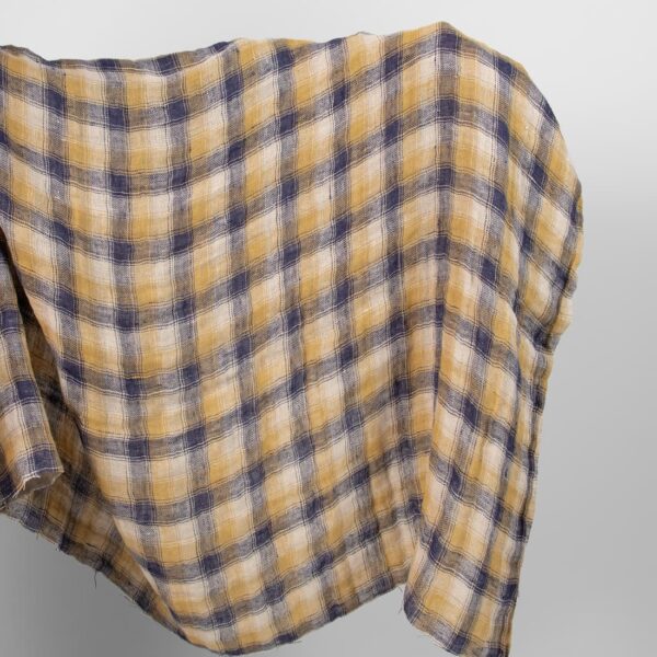 Washed linen fabric blue yellow checks double-sided