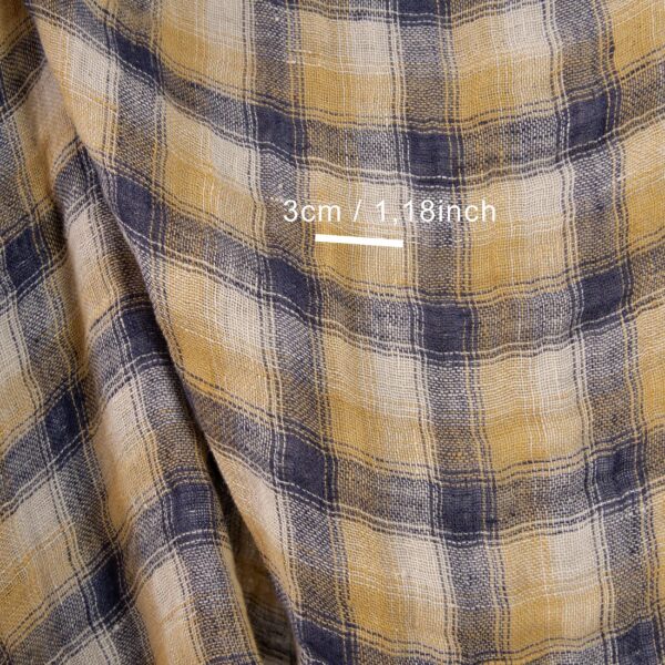 Washed linen fabric blue yellow checks double-sided with measurements