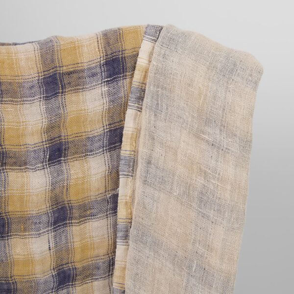 Washed linen fabric blue yellow checks double-sided other side