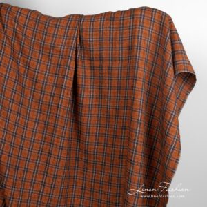 Oranssi ruudullinen pesty pellavavillakangas 9 Orange linen wool fabric in checks