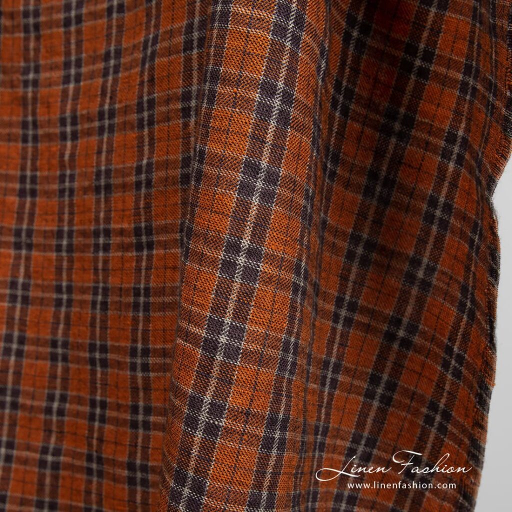 Oranssi ruudullinen pesty pellavavillakangas 3 Orange linen wool fabric in checks, perfect for clothes and home textile